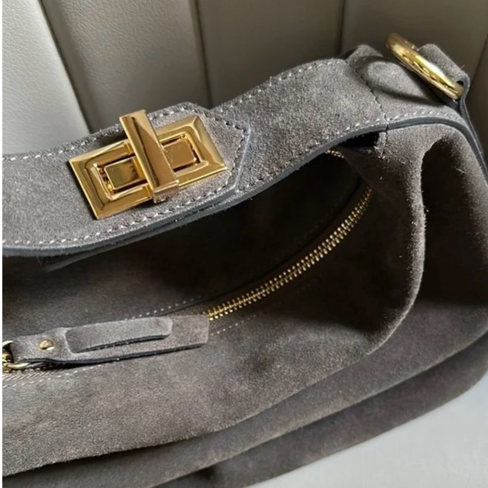 Claudia Firenze Elegant Gray Suede Handbag with Gold Accents